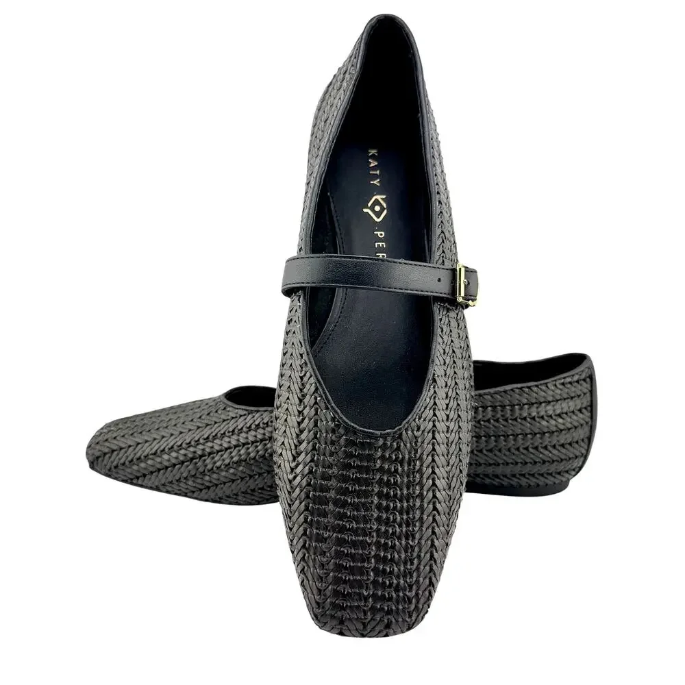 Katy Perry The Evie Mary Jane Woven Black Flats Basket Weave Square Toe Size 11